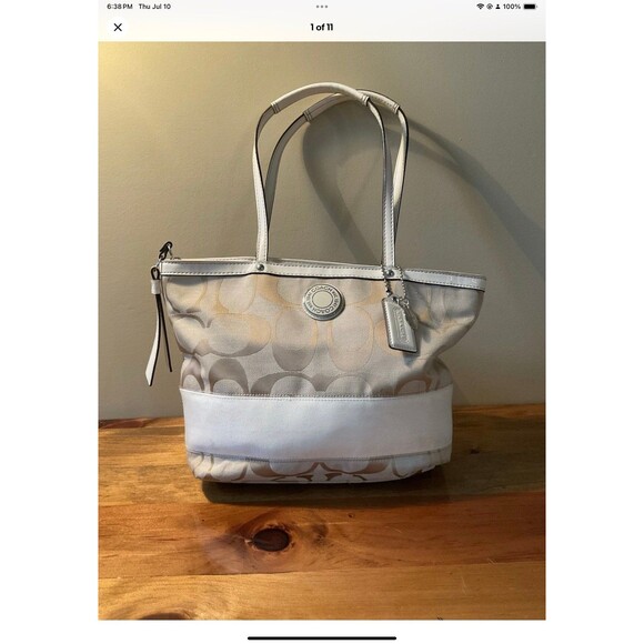 Coach Signature Logo F19046 Tote Shoulder Handbag Purse Cream On Cream - Picture 1 of 12